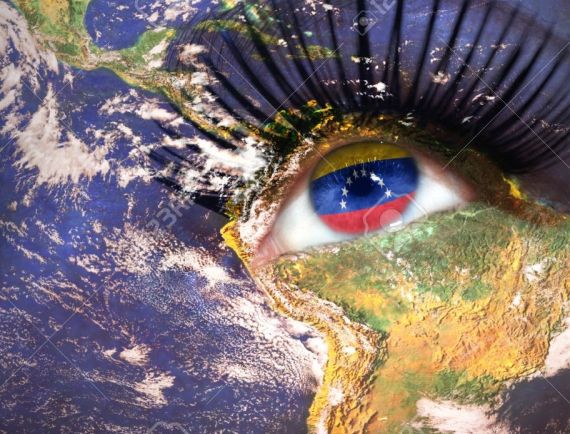 woman's face with planet Earth texture and venezuelan flag inside the eye. Elements of this image furnished by NASA.
