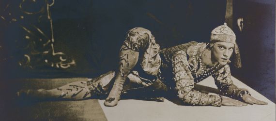 CHT163698 Nijinsky performing the Danse Siamoise from 'Les Orientales' by Foquine (1880-1942) performed in Paris, 1910 (sepia photo) by French Photographer, (20th century); Private Collection; (add.info.: season of the 'Ballets Russes';); Archives Charmet; French, it is possible that some works by this artist may be protected by third party rights in some territories