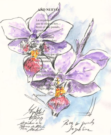 4 Orquídea pinta por Miguel Elías sobre el poema Año Nuevo, de Alencart, dedicado a su esposa