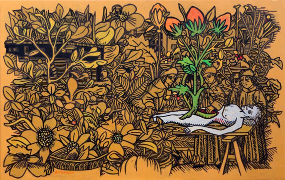 2 Segunda revisión o repintada al cuadro de La Muerte del Jardinero Vegano