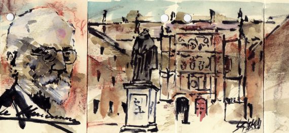 2 Unamuno, la estatua de Fray Luis de León y la fachada de la Universidad de Salamanca, de Miguel Elías