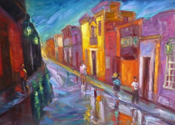 6 Lima antigua con garúa (2010), pintura de Ever Arrascue Arévalo