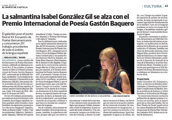 11 Premio Gastón Baquero para la salmantina Isabel González Gil (El Norte de Castilla)
