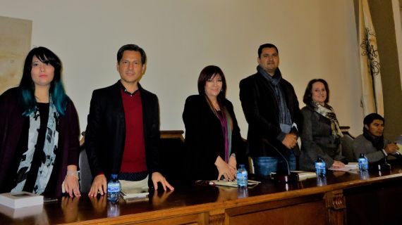 3 Camargo, Santiago, Gentile, Olivas, Ferrer y Rodrigo, en el Aula Magna de la Facultad de Filología (foto de J. Alencar)