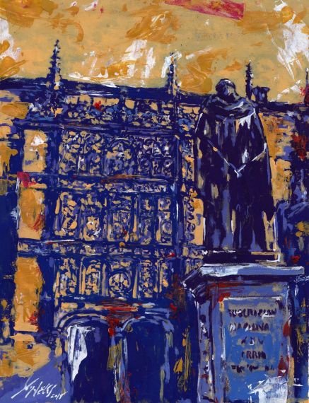 2 Fachada y estatua de Fray Luis, pintura de Miguel Elías